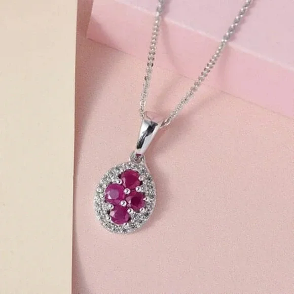 Natural Ruby & Natural White Zircon Style Necklace In 925 Sterling Silver - Picture 5 of 11